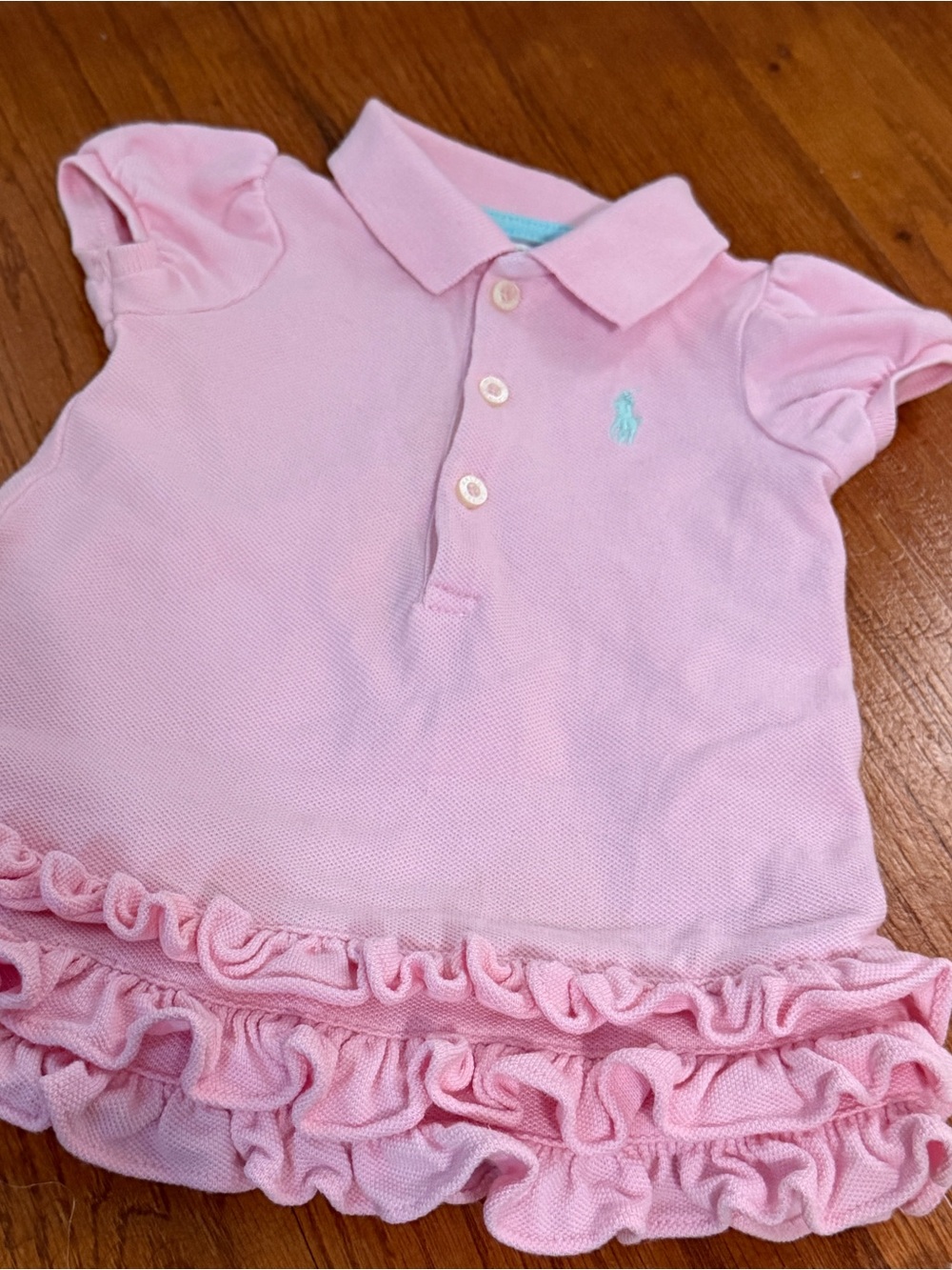 Ralph Lauren Baby Girls Pink Blue embroidered Logo Ruffle Hem Polo Dress 3M